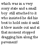 Text Box: which was in a very sorry state and a small boy  still attached to it who insisted he did his best to hold onto it until it blew inside out and at that moment stopped dragging him along the pavement! 